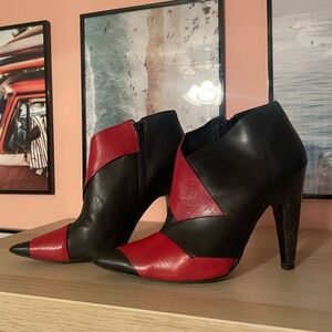 Vic Matie Black and Red Leather Pointed Ankle Booties